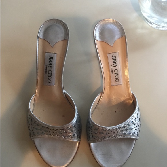 Jimmy Choo Silver Laser Cut Sparkle Slides - Picture 2 of 6